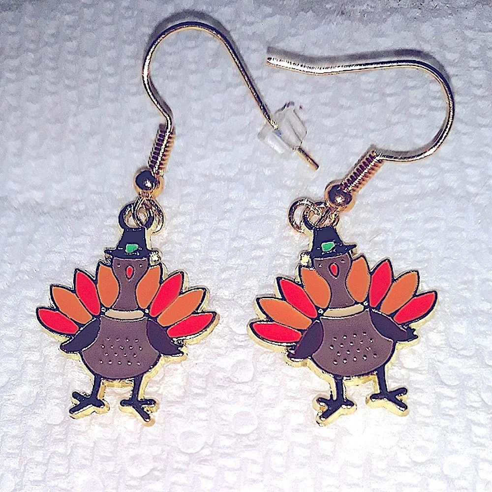 Thanksgiving Turkey Earrings Enamel Gold Pl Stainless Earwires Fall Birdie NEW